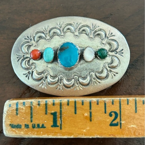 Vintage Navajo Sterling Turquoise Coral Rose Quartz Malachite Brooch - Picture 3 of 5